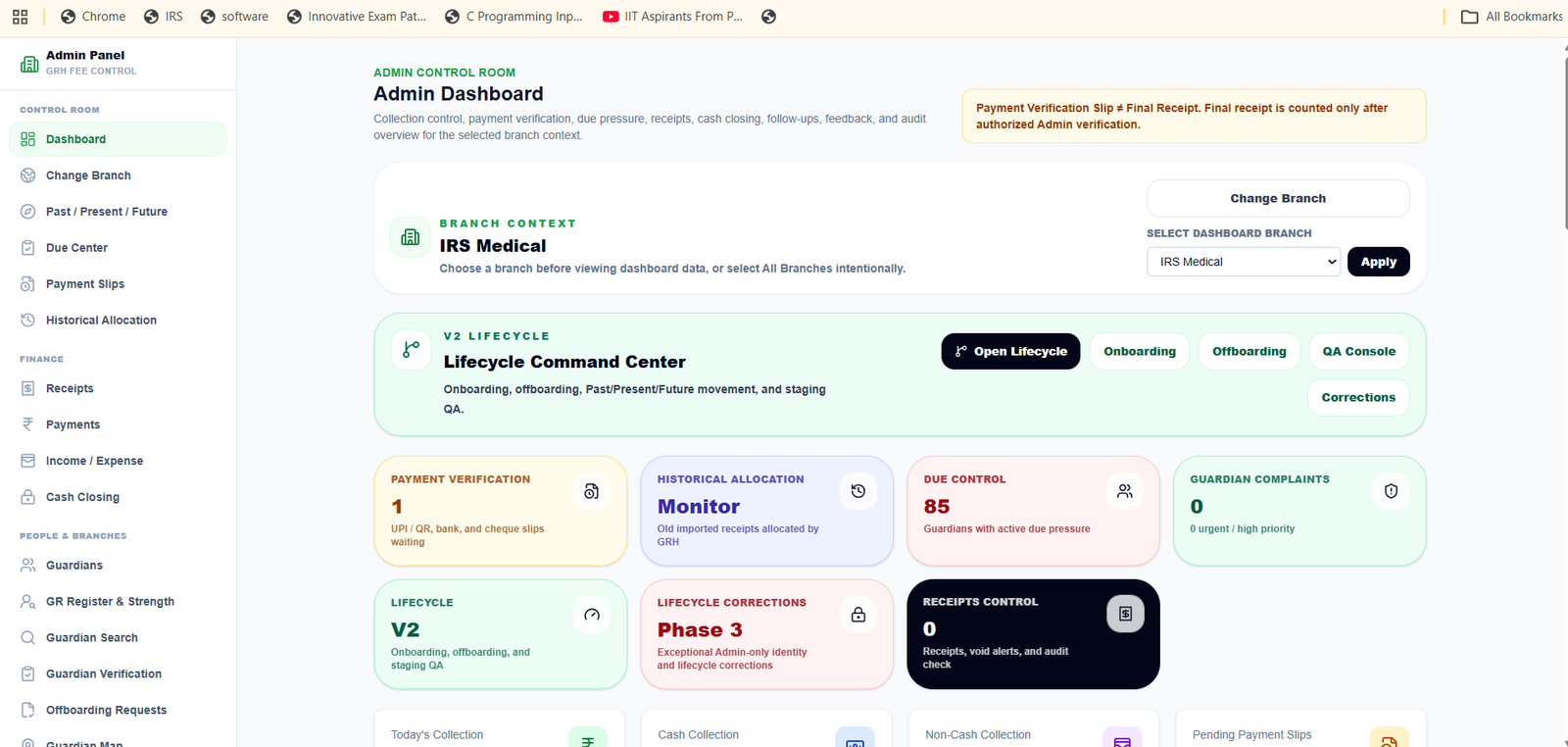 GRHapp Admin command centre interface
